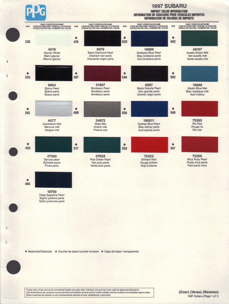 1997 Subaru Paint Charts PPG 1